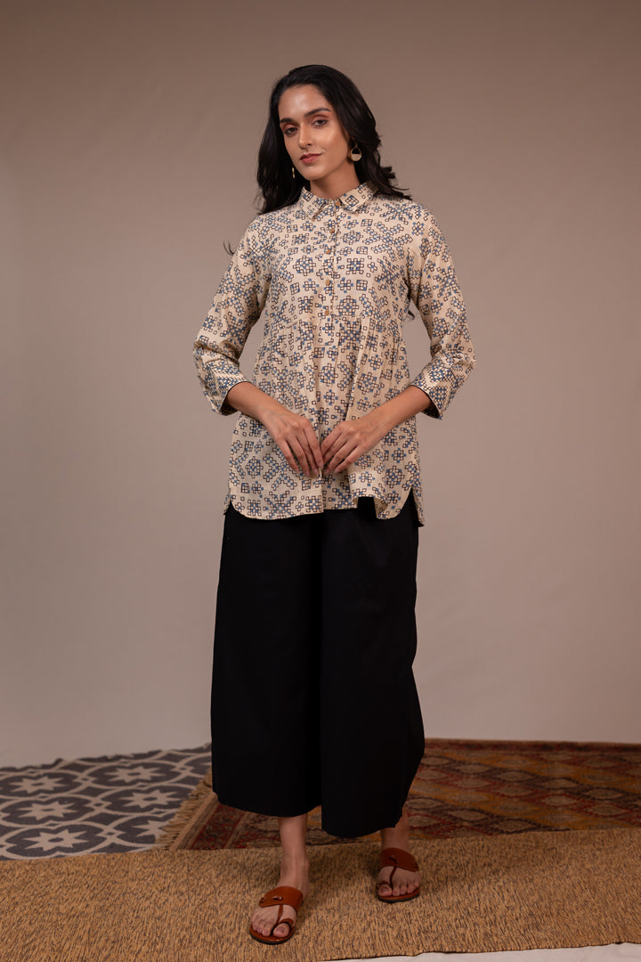 Ajrakh Hand Block Printed Cream Cotton Top with Shirt Collar – Rekh