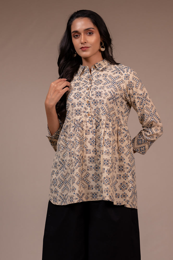 Ajrakh Hand Block Printed Cream Cotton Top with Shirt Collar – Rekh