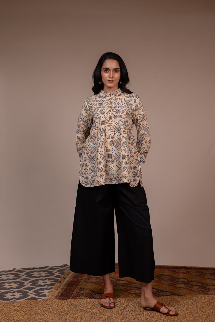 Ajrakh Hand Block Printed Cream Cotton Top with Shirt Collar – Rekh