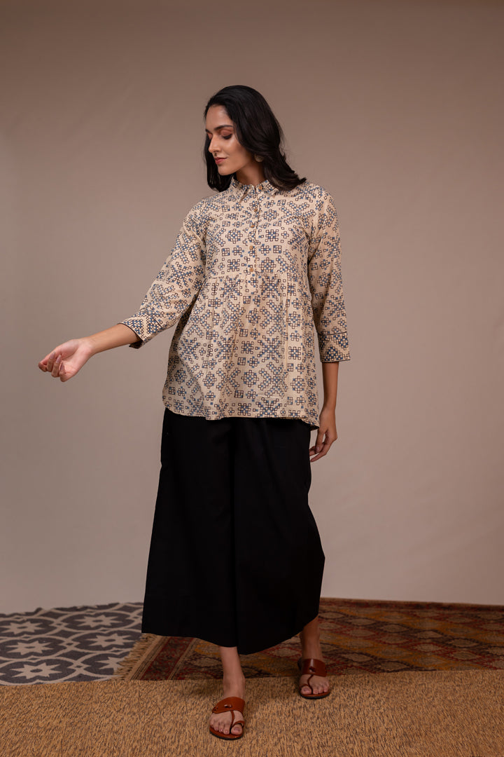 Ajrakh Hand Block Printed Cream Cotton Top with Shirt Collar – Rekh