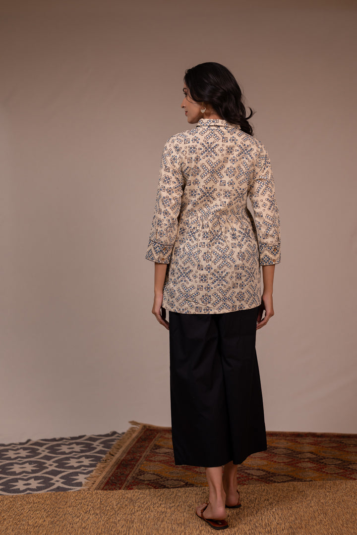 Ajrakh Hand Block Printed Cream Cotton Top with Shirt Collar – Rekh