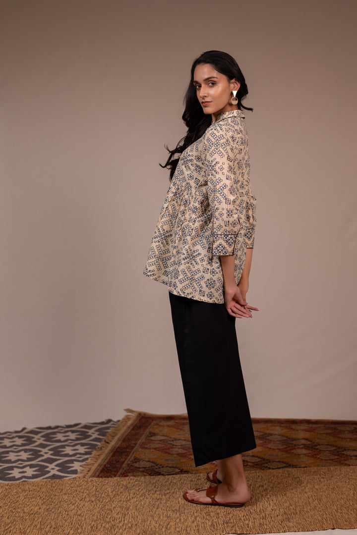Ajrakh Hand Block Printed Cream Cotton Top with Shirt Collar – Rekh