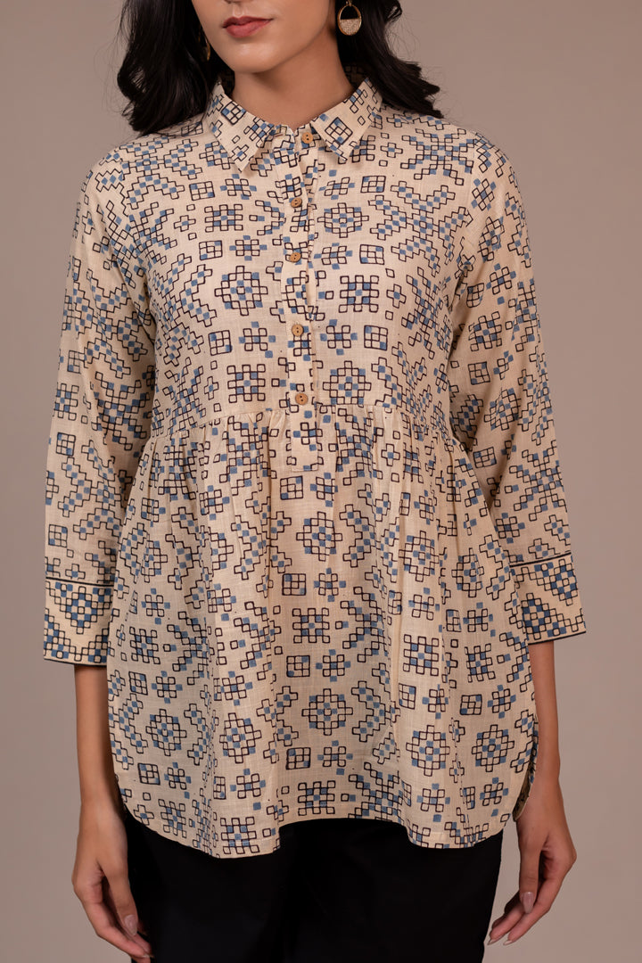 Ajrakh Hand Block Printed Cream Cotton Top with Shirt Collar – Rekh