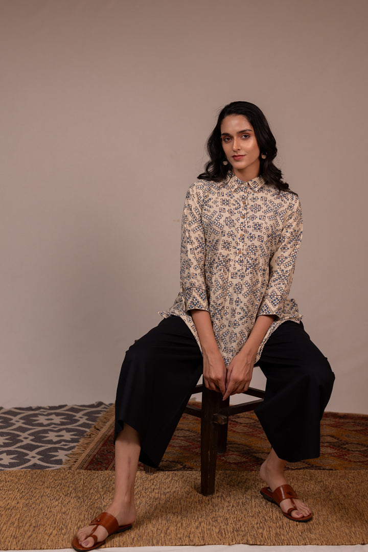 Ajrakh Hand Block Printed Cream Cotton Top with Shirt Collar – Rekh