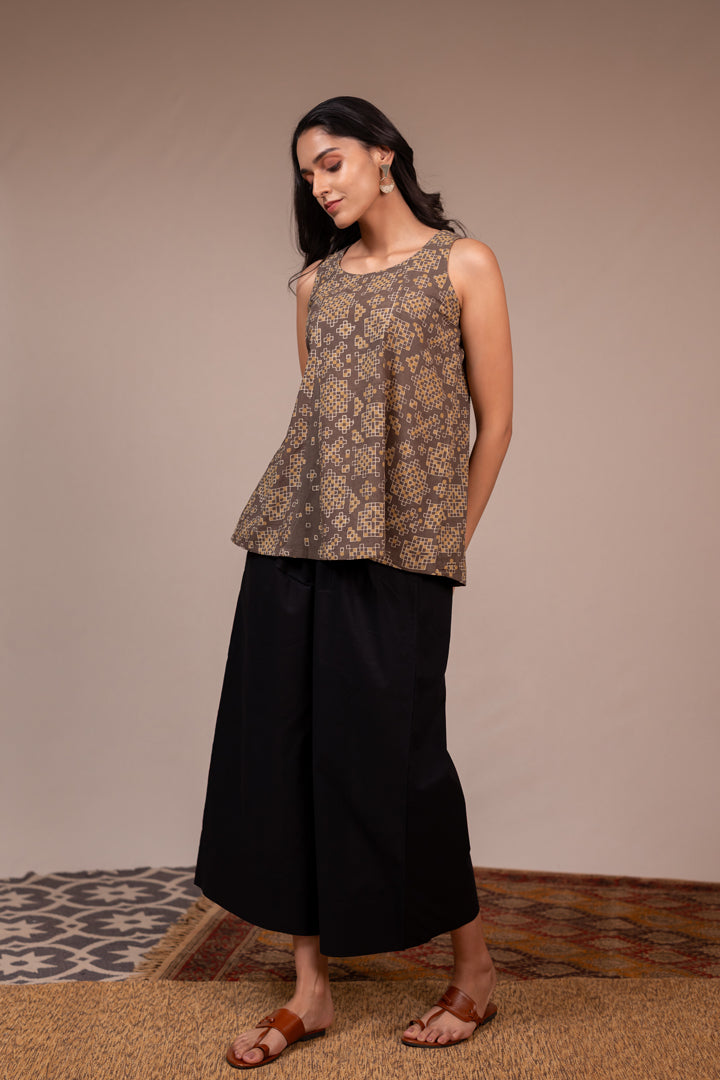 Handcrafted Ajrakh Cotton Sleeveless Top - Light Brown – Rekh