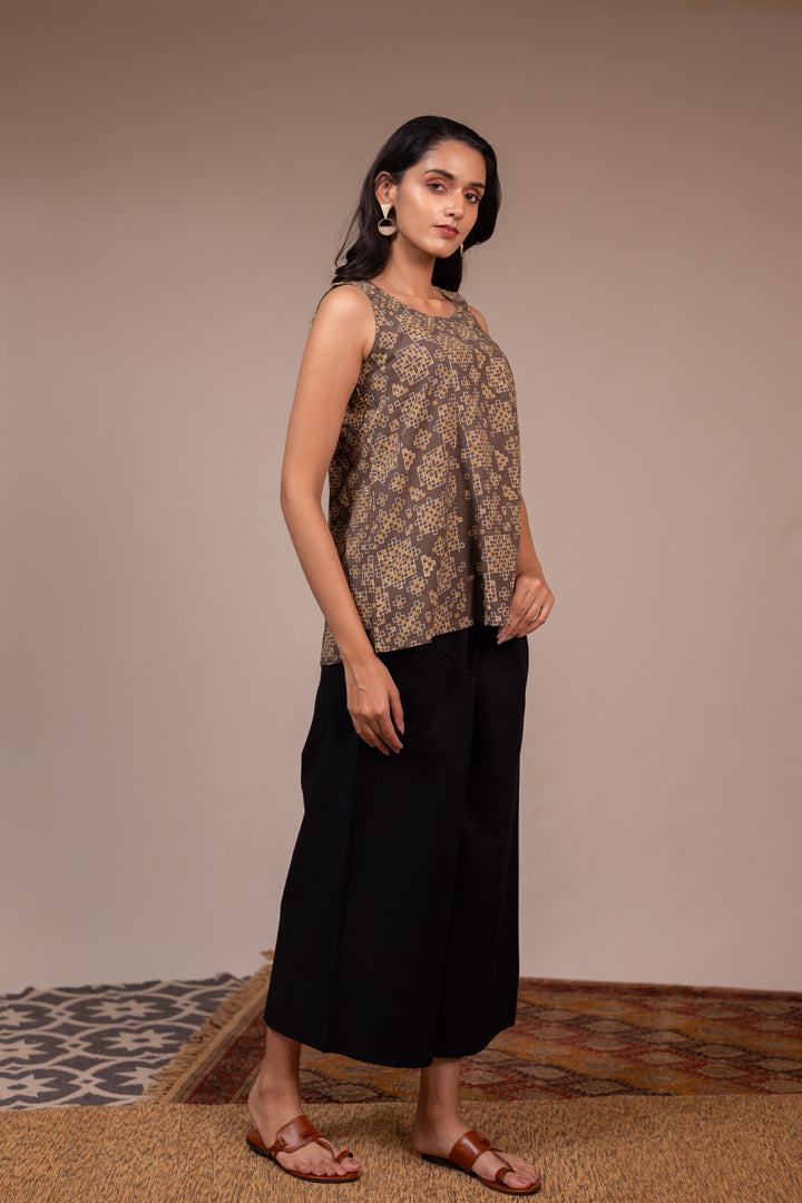 Handcrafted Ajrakh Cotton Sleeveless Top - Light Brown – Rekh