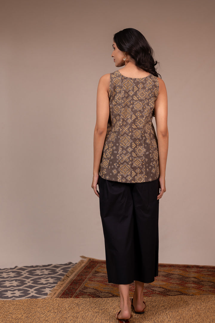 Handcrafted Ajrakh Cotton Sleeveless Top - Light Brown – Rekh