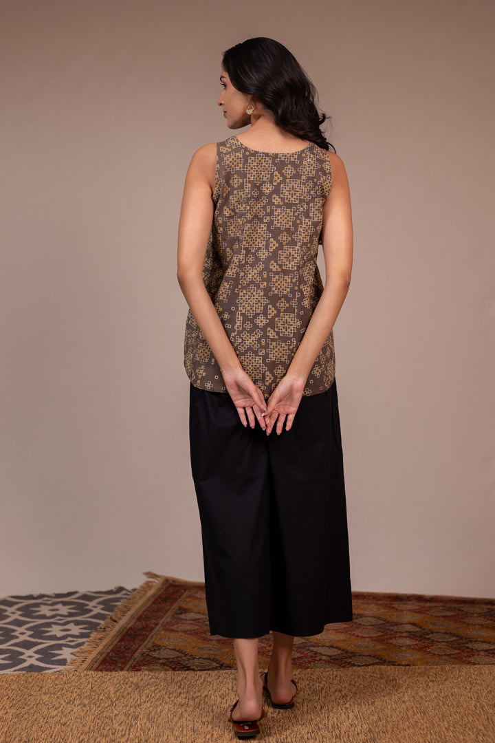 Handcrafted Ajrakh Cotton Sleeveless Top - Light Brown – Rekh