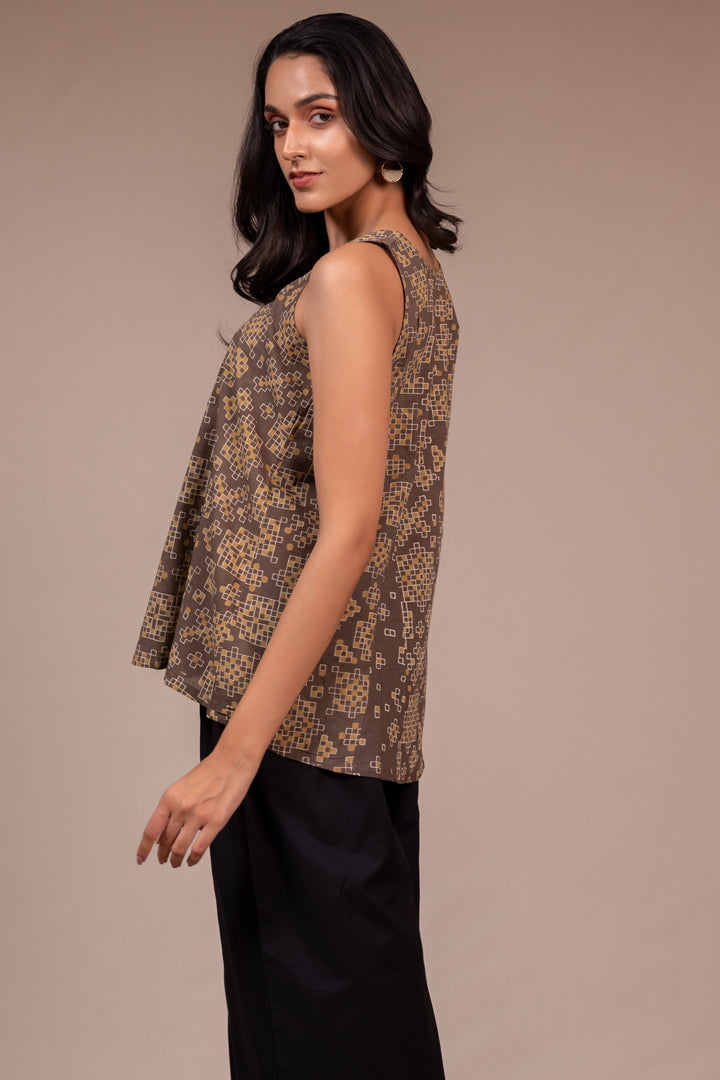 Handcrafted Ajrakh Cotton Sleeveless Top - Light Brown – Rekh
