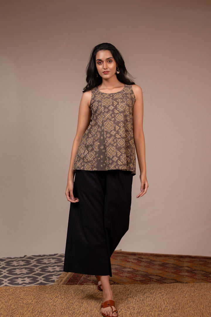 Handcrafted Ajrakh Cotton Sleeveless Top - Light Brown – Rekh