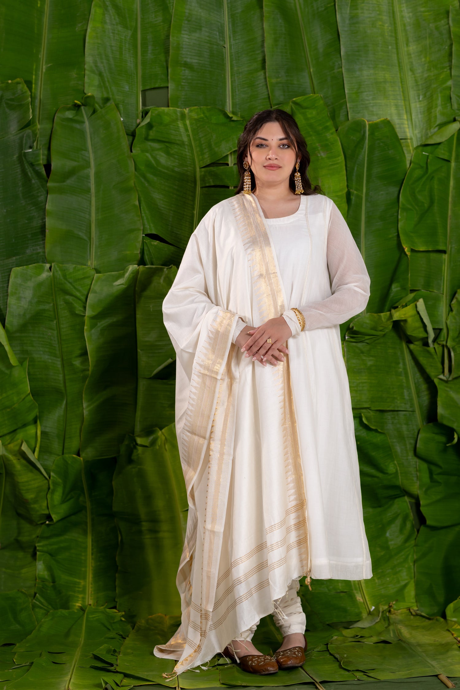 Full-Sleeve Round Neck Kurta Set in Mul Chanderi with Churidar