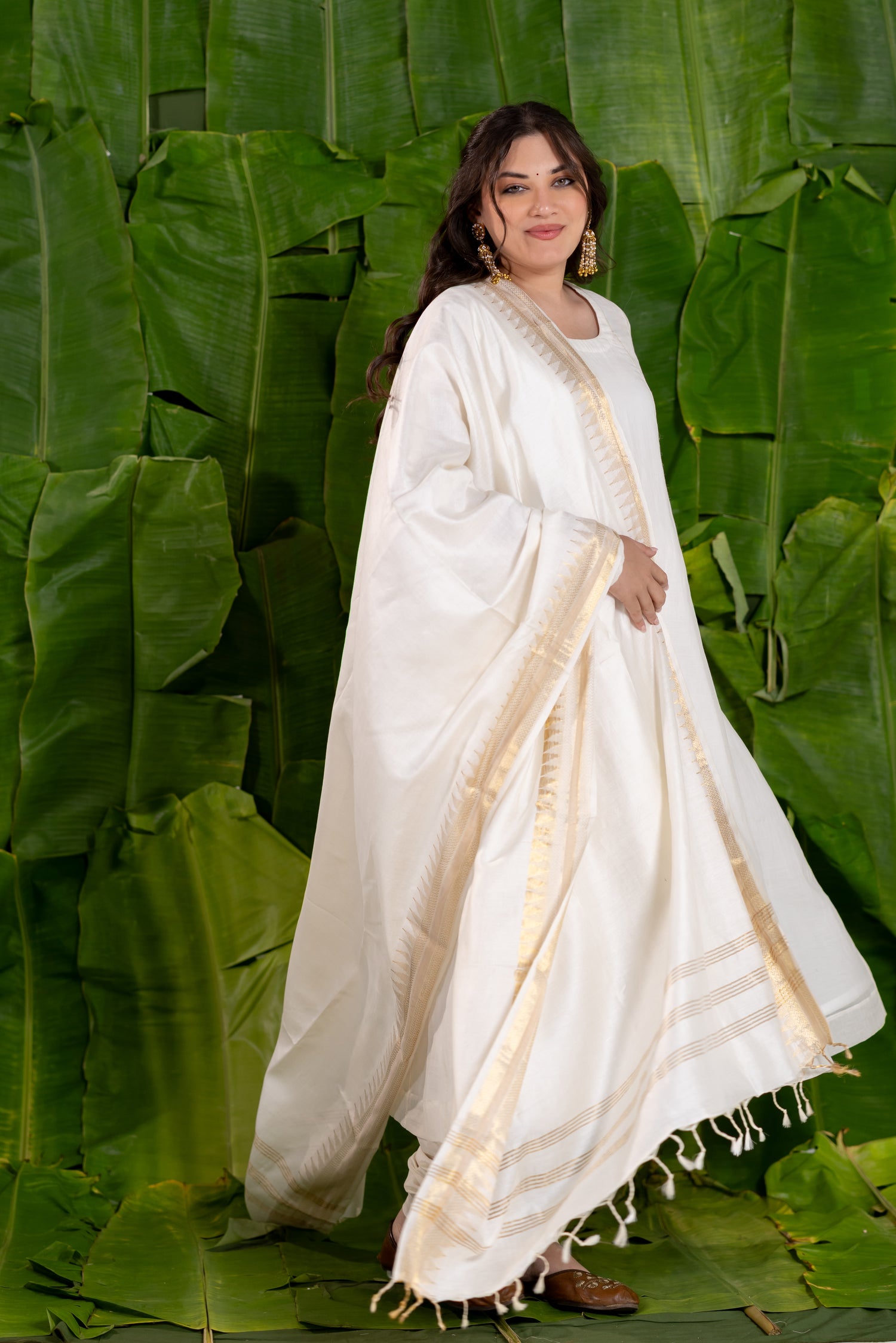 Full-Sleeve Round Neck Kurta Set in Mul Chanderi with Churidar