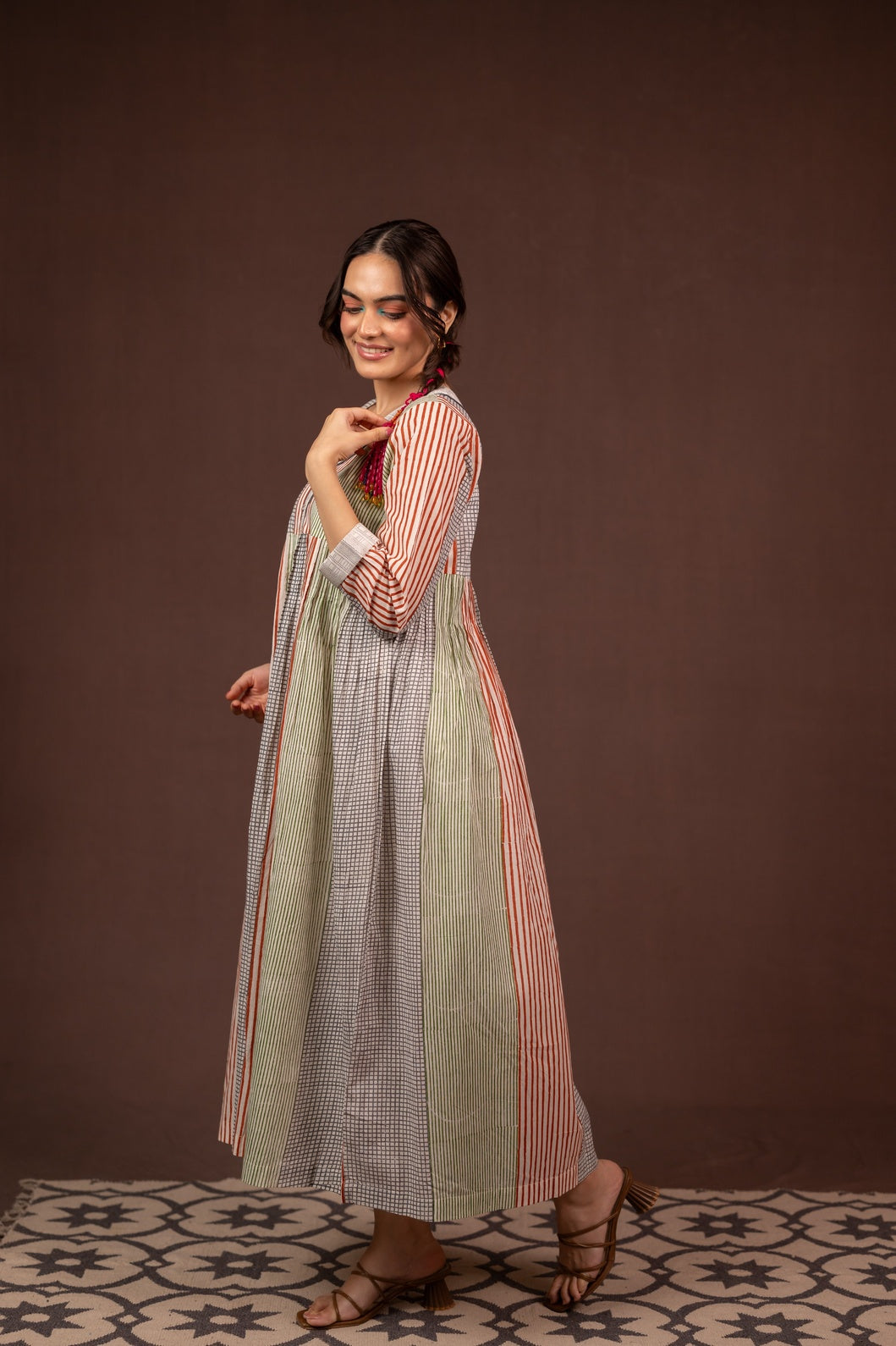 Lightweight Cotton Block Printed Dress with V-Neck and Soft Pleats – Kanak