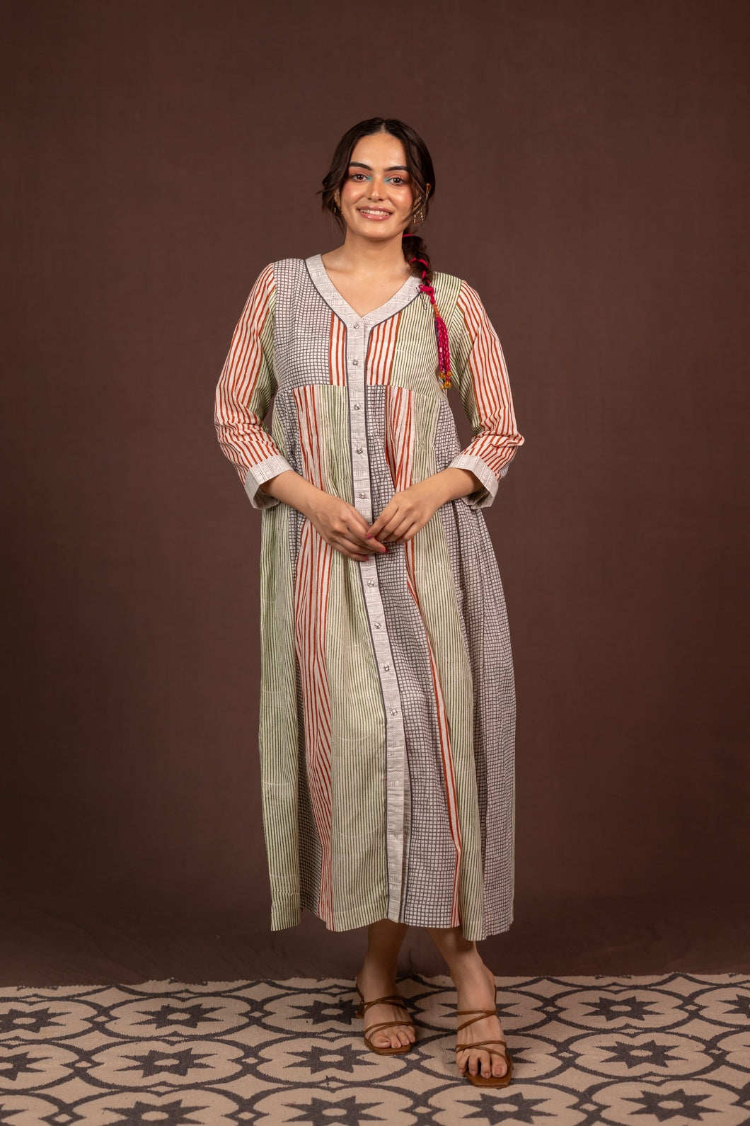Lightweight Cotton Block Printed Dress with V-Neck and Soft Pleats – Kanak