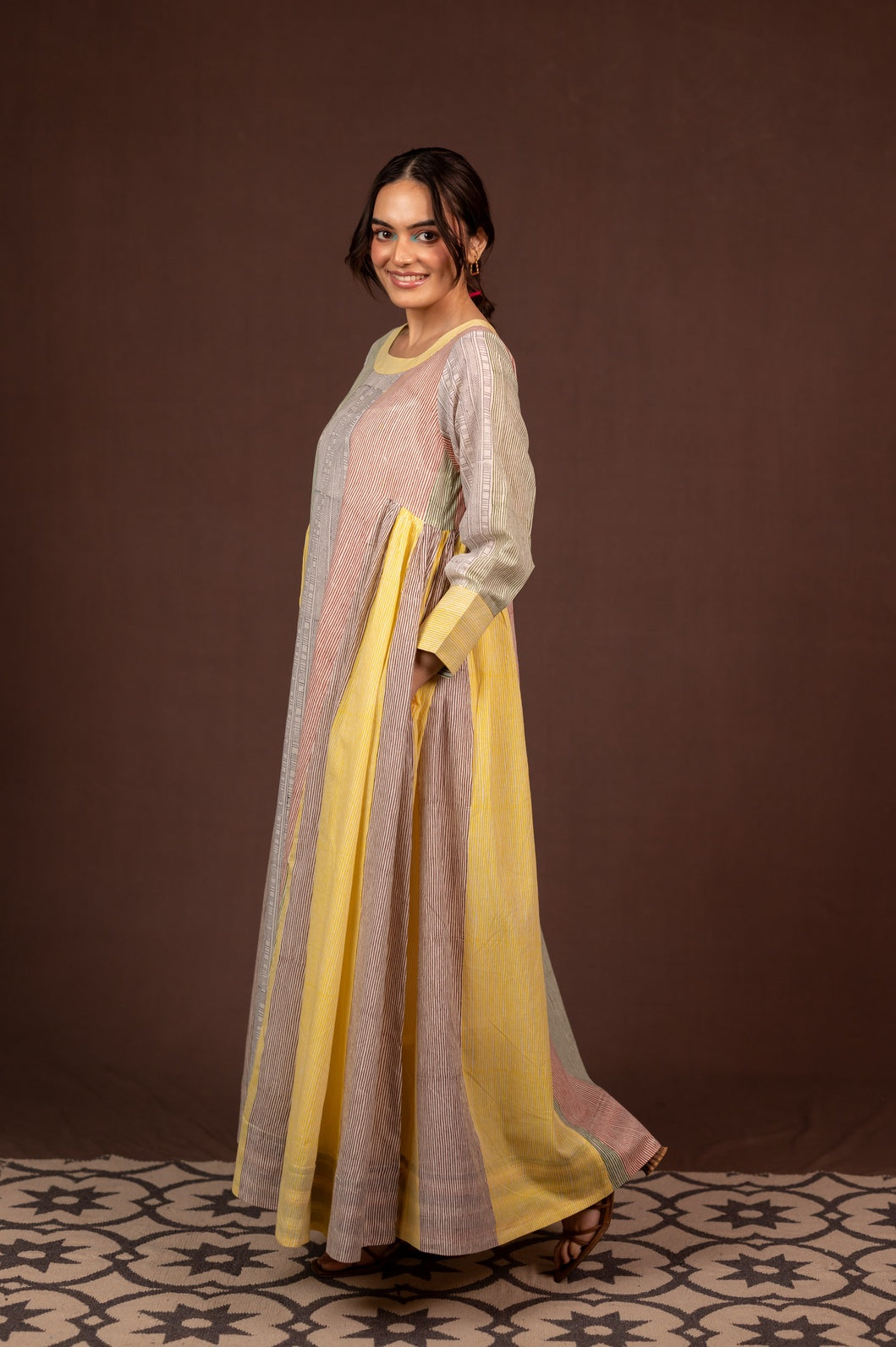Cotton Block Printed Maxi Dress with Boat Neck and Pockets – Kanak