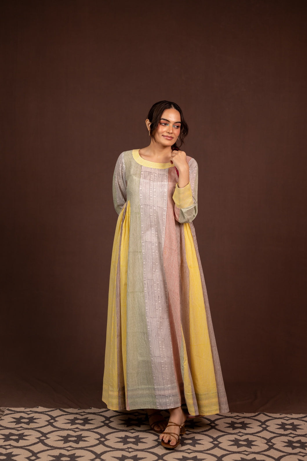 Cotton Block Printed Maxi Dress with Boat Neck and Pockets – Kanak