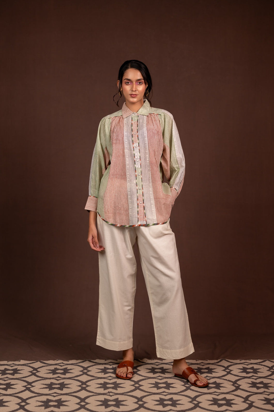 Lightweight Block Print Striped Loose Fit Shirt with Full Sleeves – Kanak