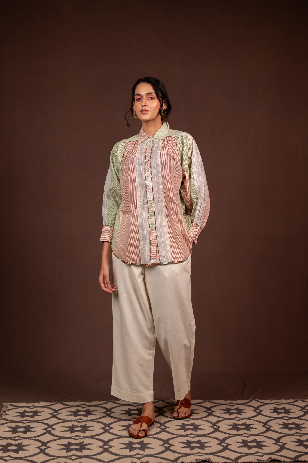 Lightweight Block Print Striped Loose Fit Shirt with Full Sleeves – Kanak
