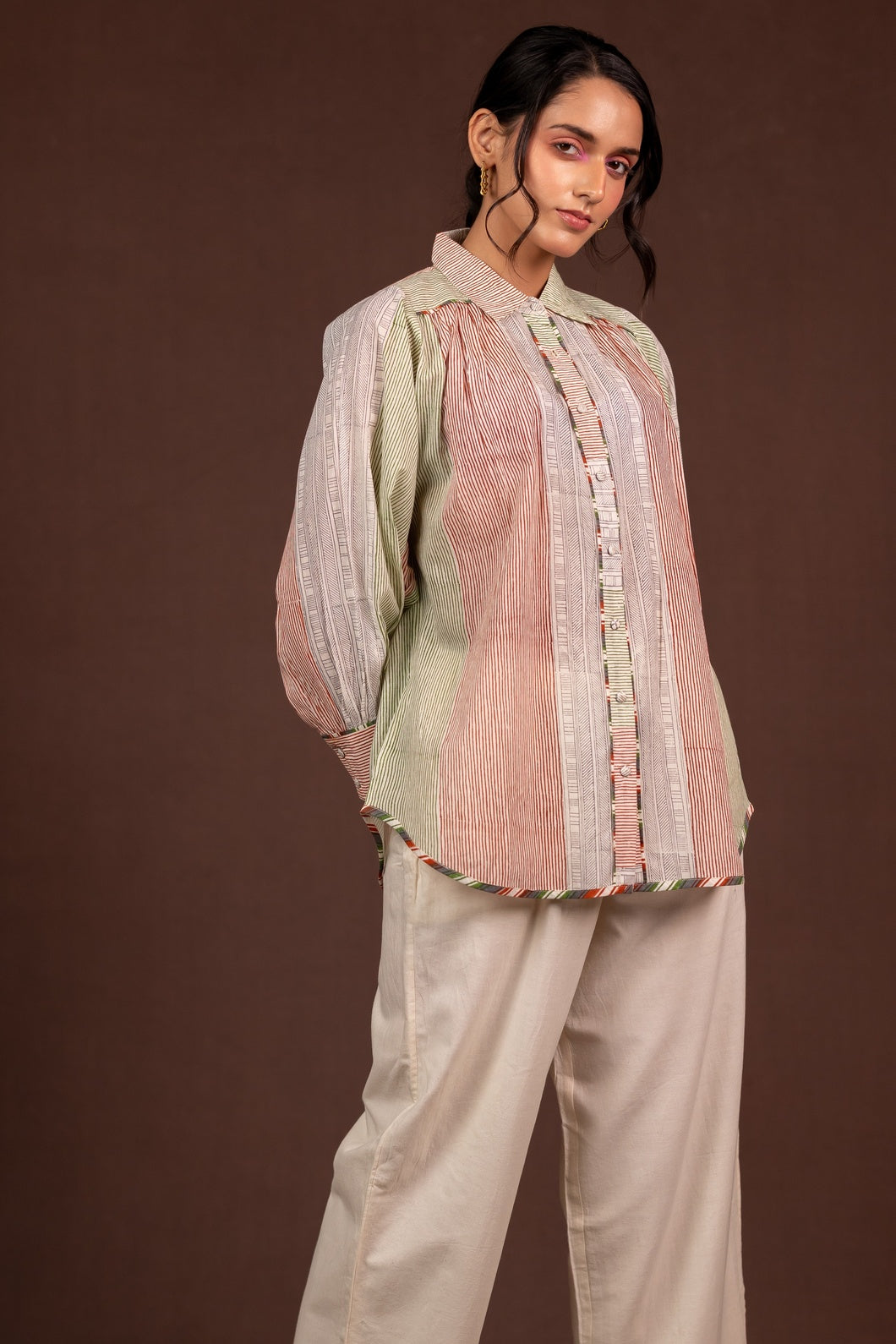 Lightweight Block Print Striped Loose Fit Shirt with Full Sleeves – Kanak