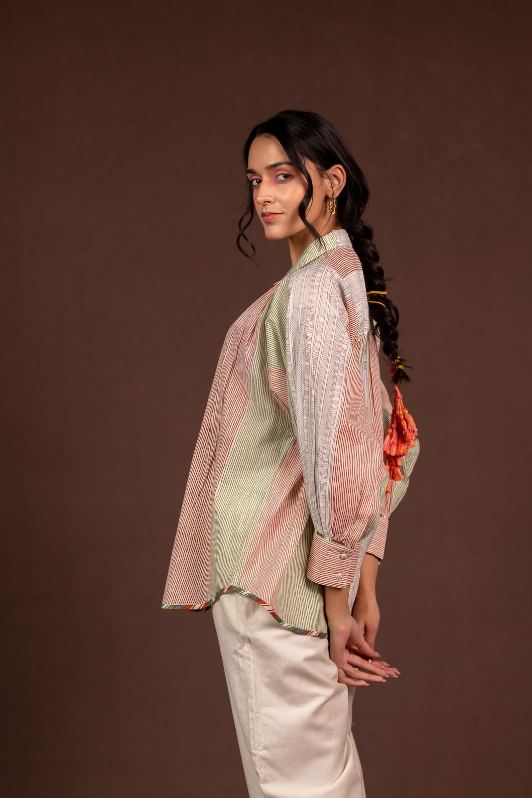 Lightweight Block Print Striped Loose Fit Shirt with Full Sleeves – Kanak