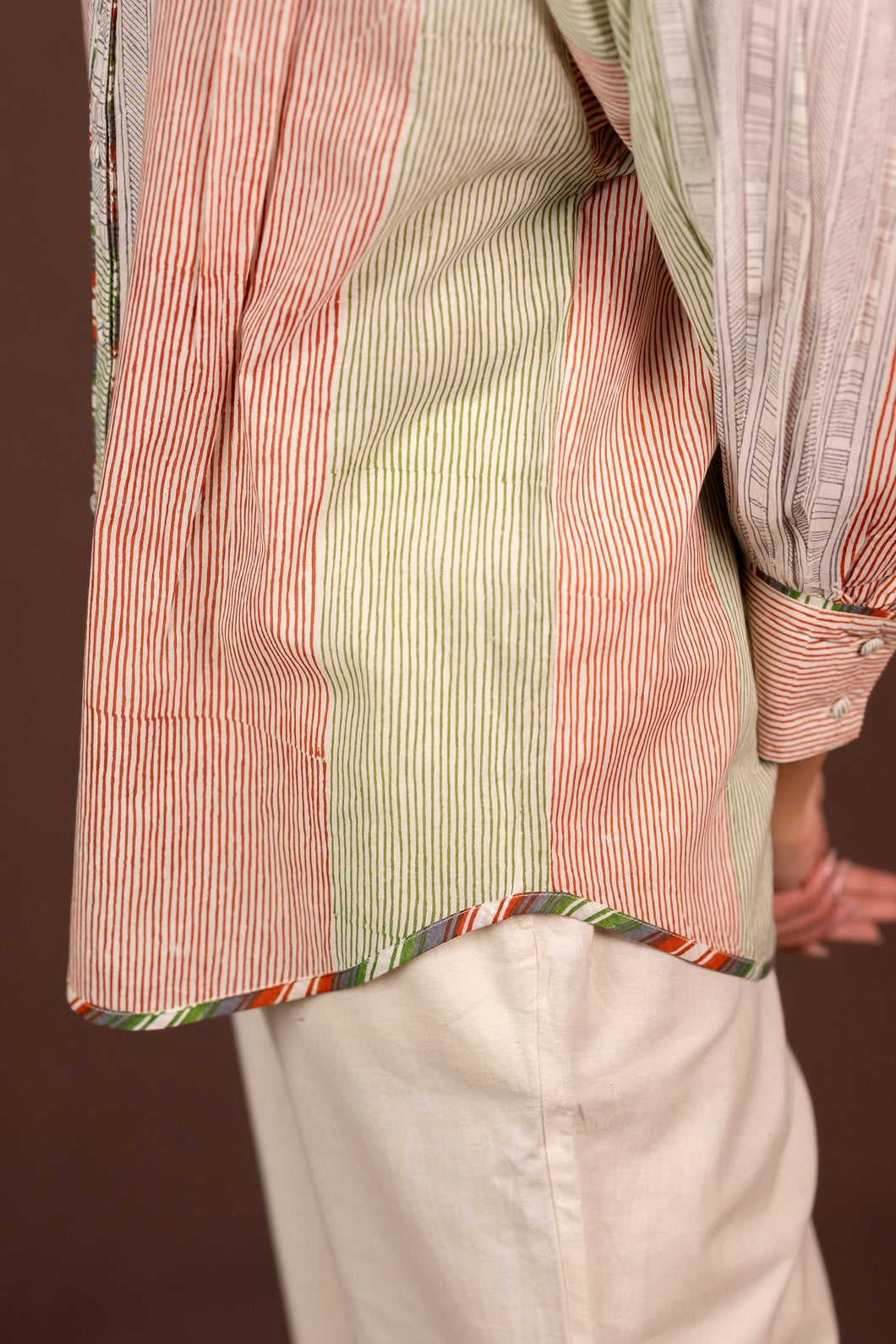 Lightweight Block Print Striped Loose Fit Shirt with Full Sleeves – Kanak