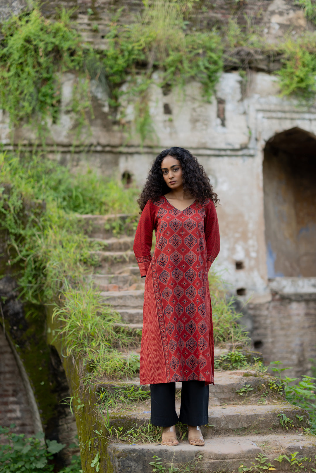 Block Print Cotton Kurta in Maroon - Mehrab