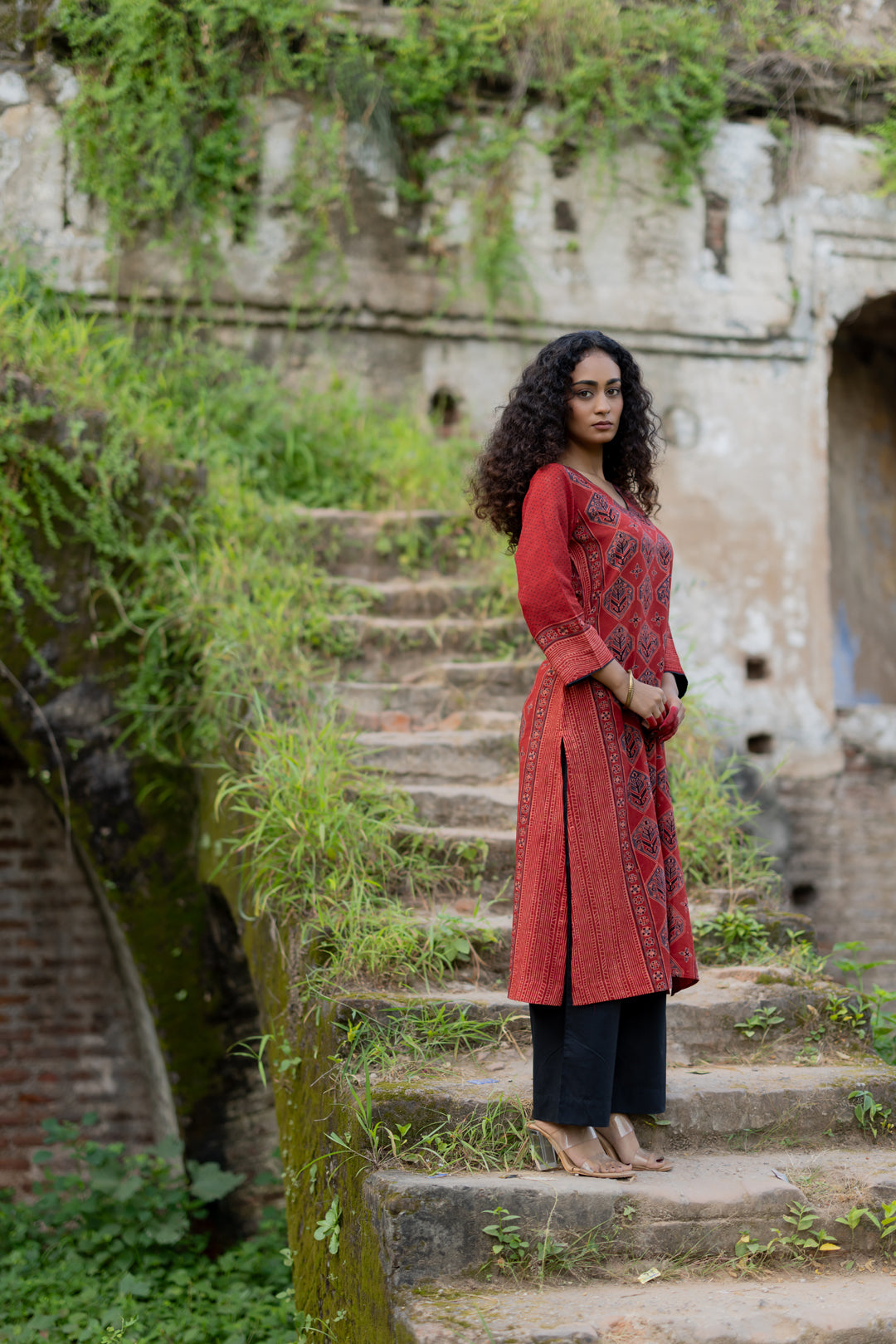 Block Print Cotton Kurta in Maroon - Mehrab