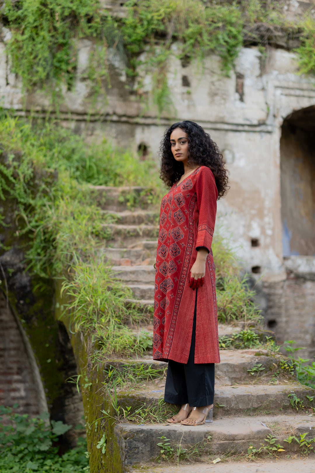 Block Print Cotton Kurta in Maroon - Mehrab