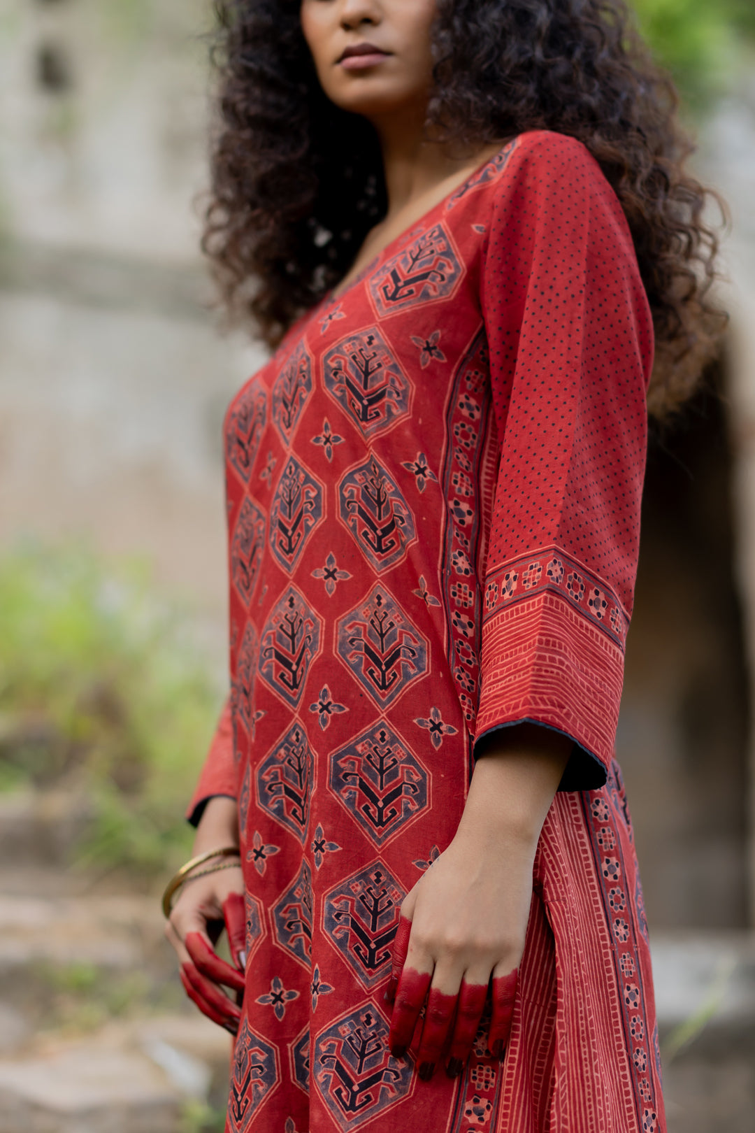 Block Print Cotton Kurta in Maroon - Mehrab