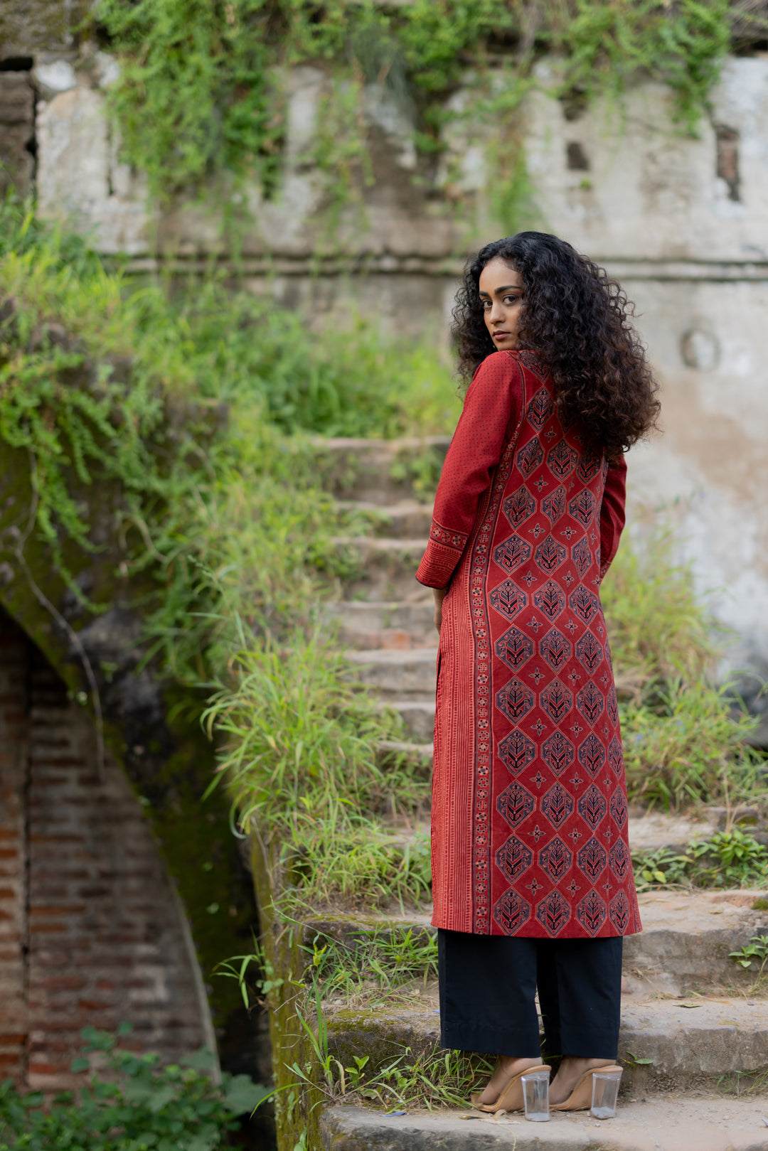 Block Print Cotton Kurta in Maroon - Mehrab