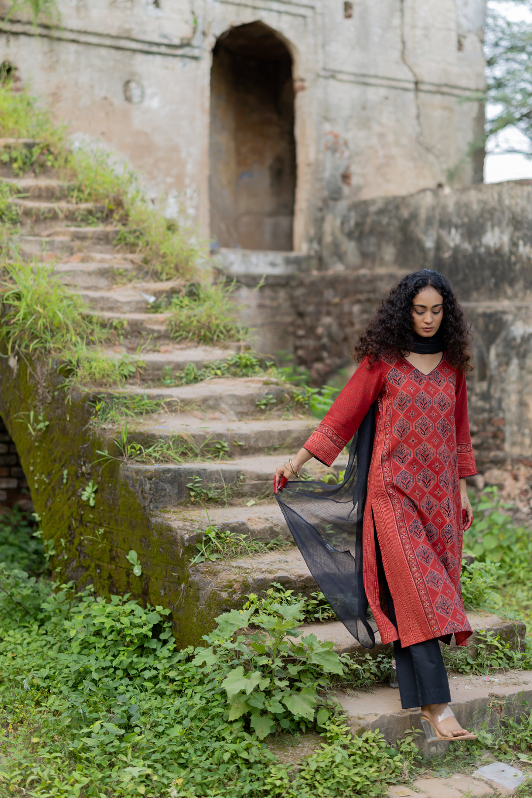 Block Print Cotton Kurta in Maroon - Mehrab