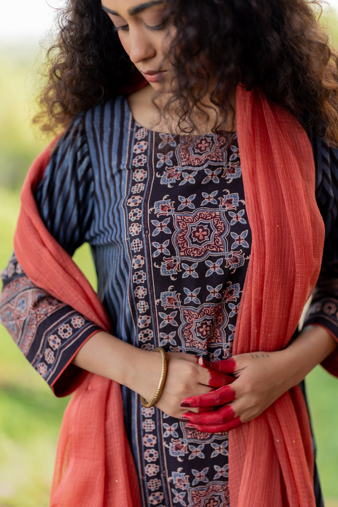 Black Ajrakh Print Mul Cotton Kurta - Mehrab