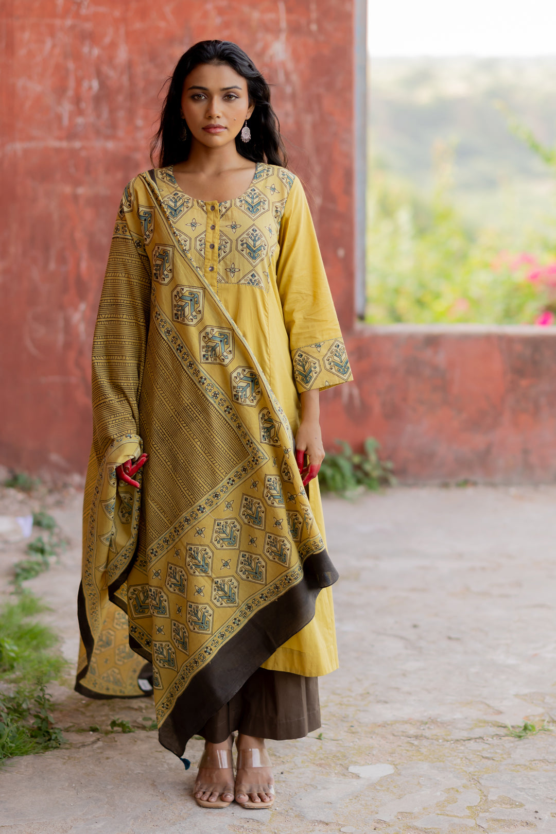 Ajrakh Green Hand Block Printed Mul Cotton Dupatta - Mehrab