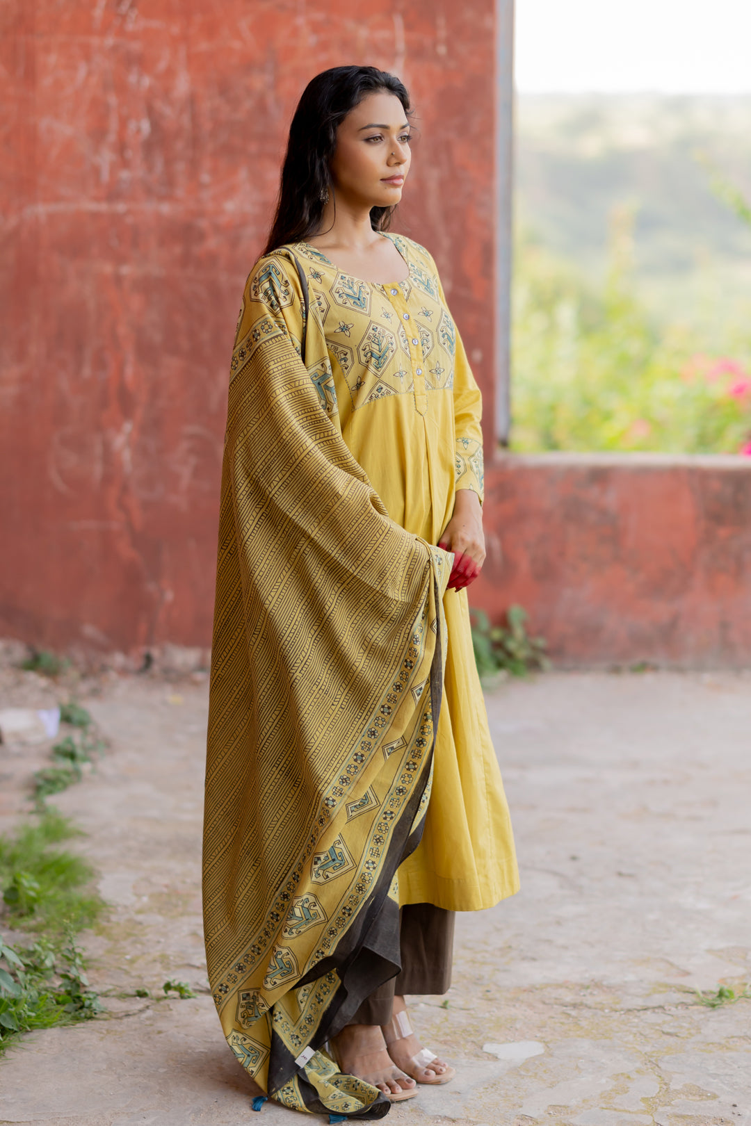Ajrakh Green Hand Block Printed Mul Cotton Dupatta - Mehrab