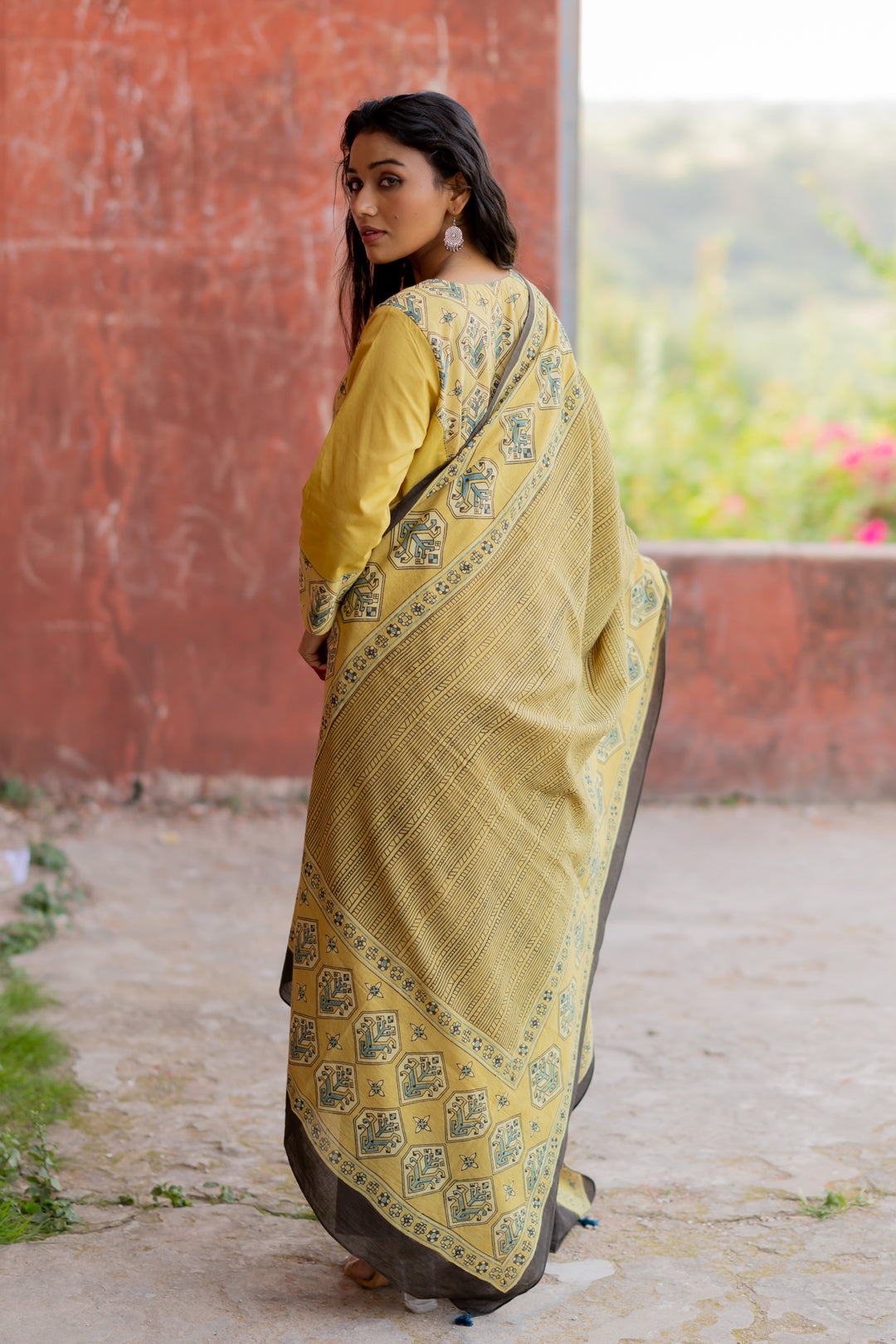 Ajrakh Green Hand Block Printed Mul Cotton Dupatta - Mehrab