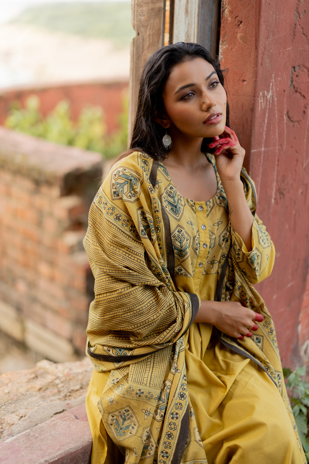 Ajrakh Green Hand Block Printed Mul Cotton Dupatta - Mehrab
