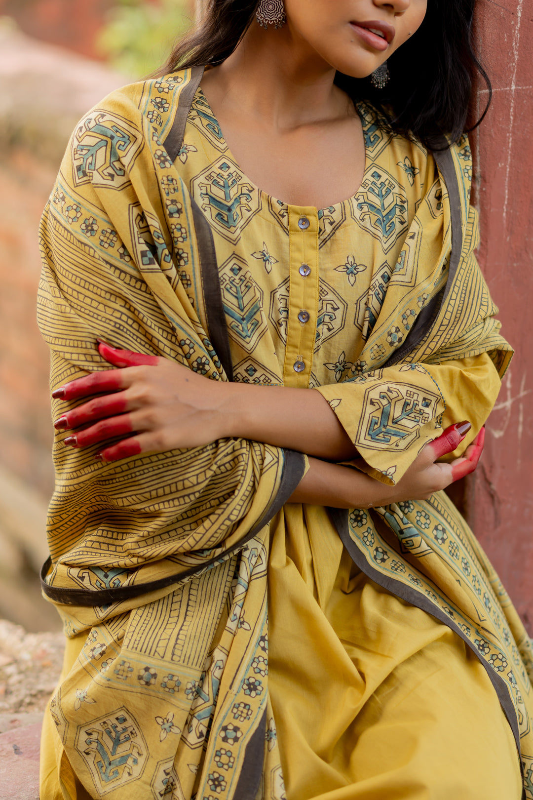 Ajrakh Green Hand Block Printed Mul Cotton Dupatta - Mehrab