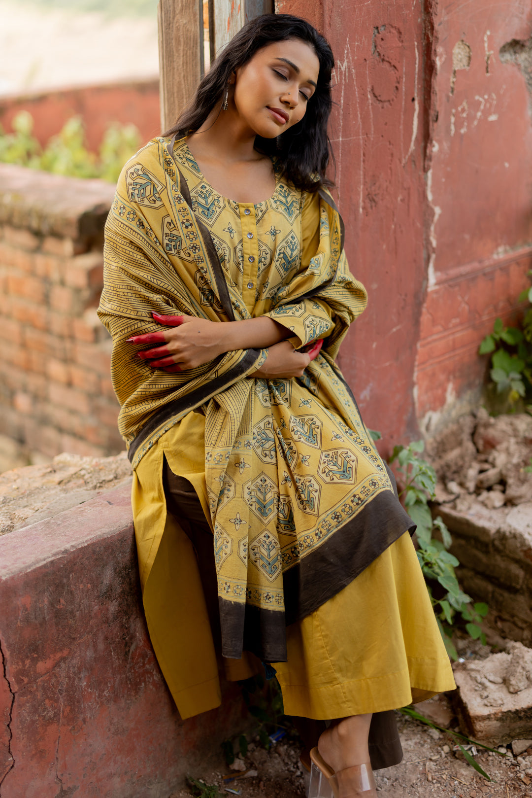 Ajrakh Green Hand Block Printed Mul Cotton Dupatta - Mehrab