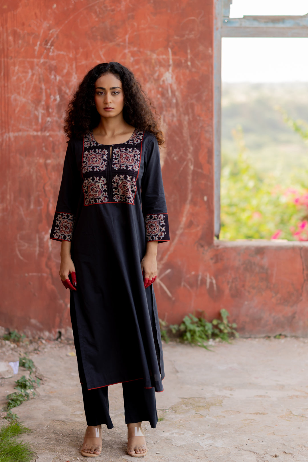 Women's Ajrakh Mul Cotton Kurta in Black - Mehrab