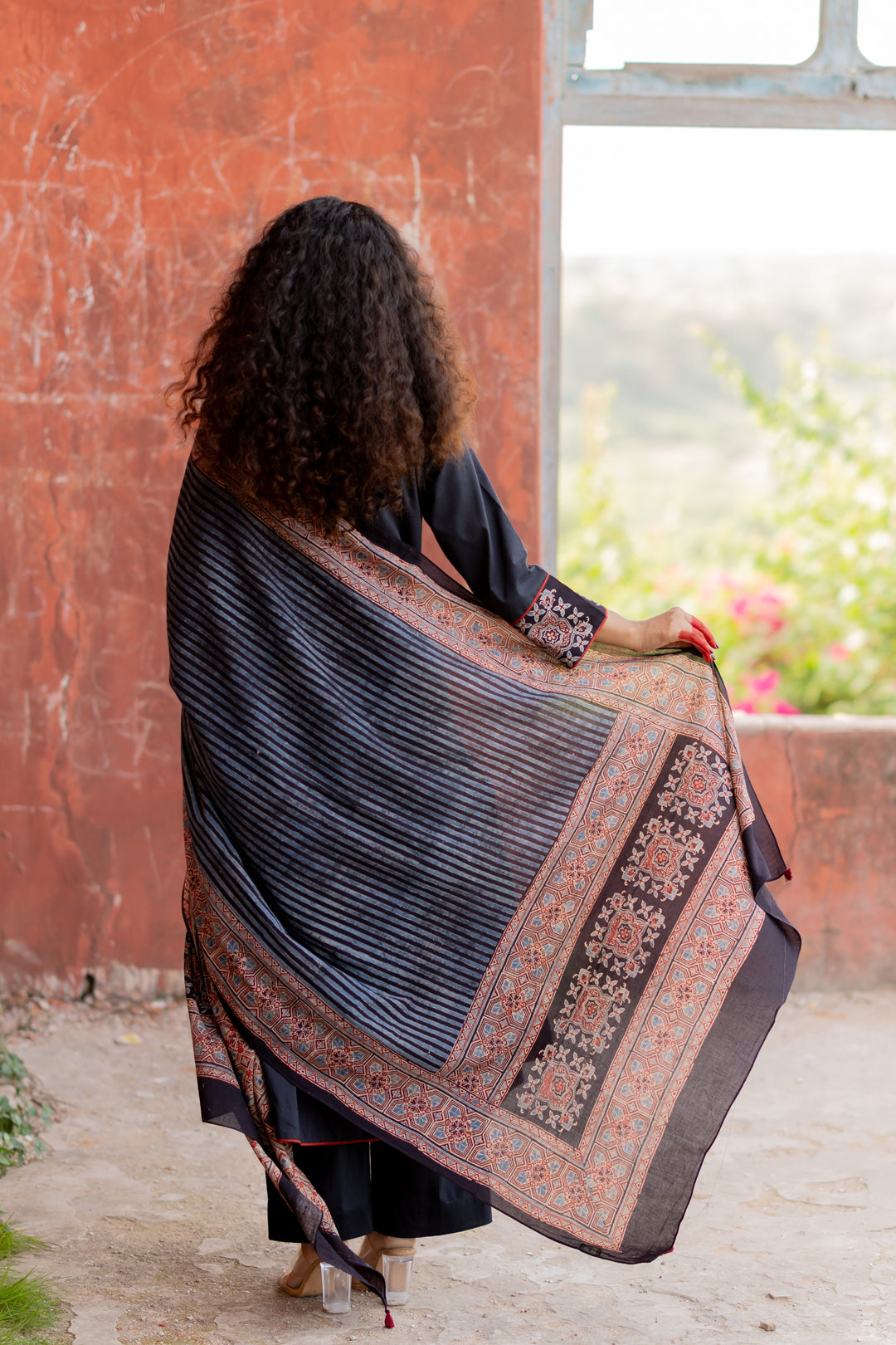 Ajrakh Black Hand Block Printed Mul Cotton Dupatta - Mehrab