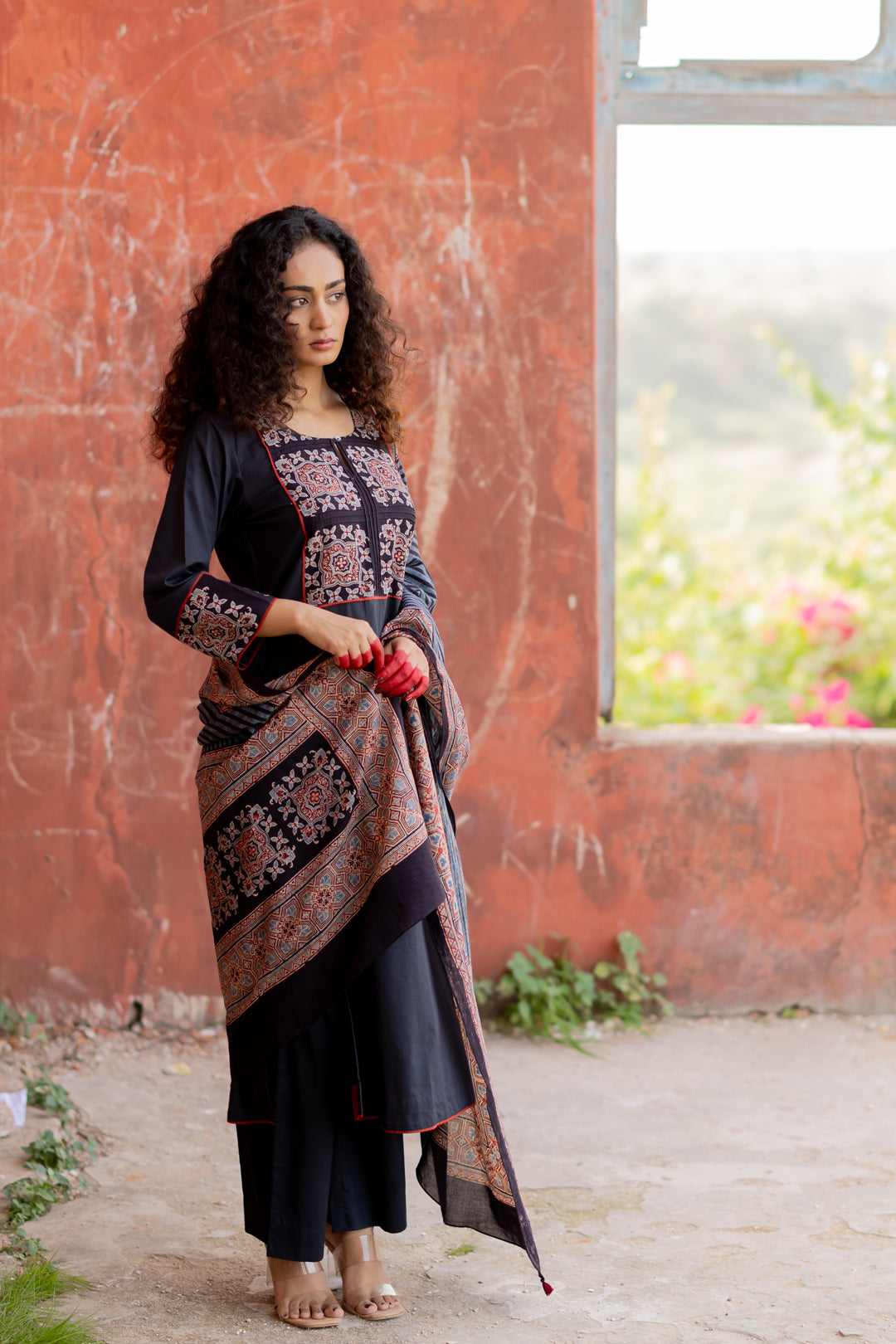 Ajrakh Black Hand Block Printed Mul Cotton Dupatta - Mehrab
