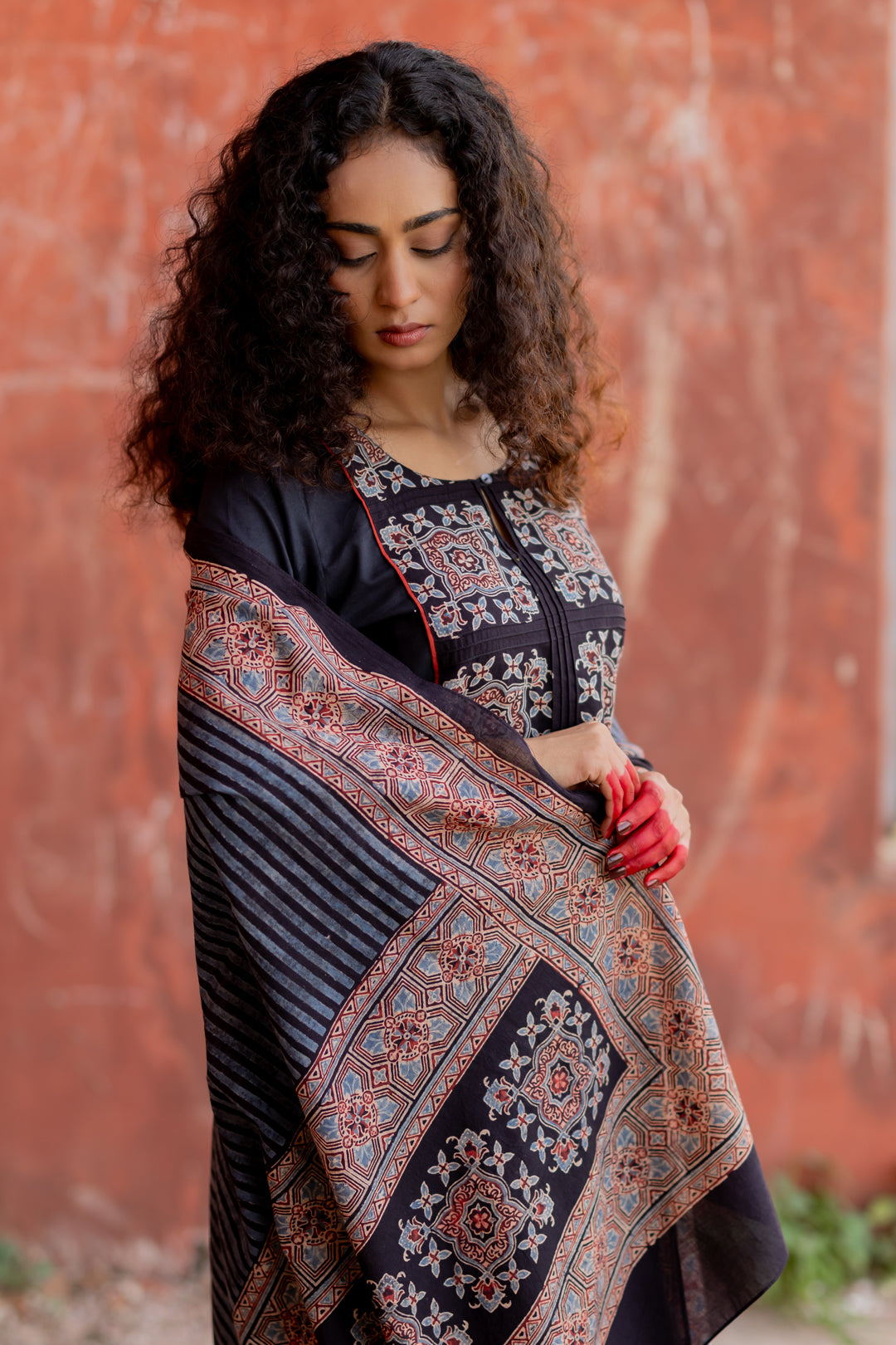 Ajrakh Black Hand Block Printed Mul Cotton Dupatta - Mehrab