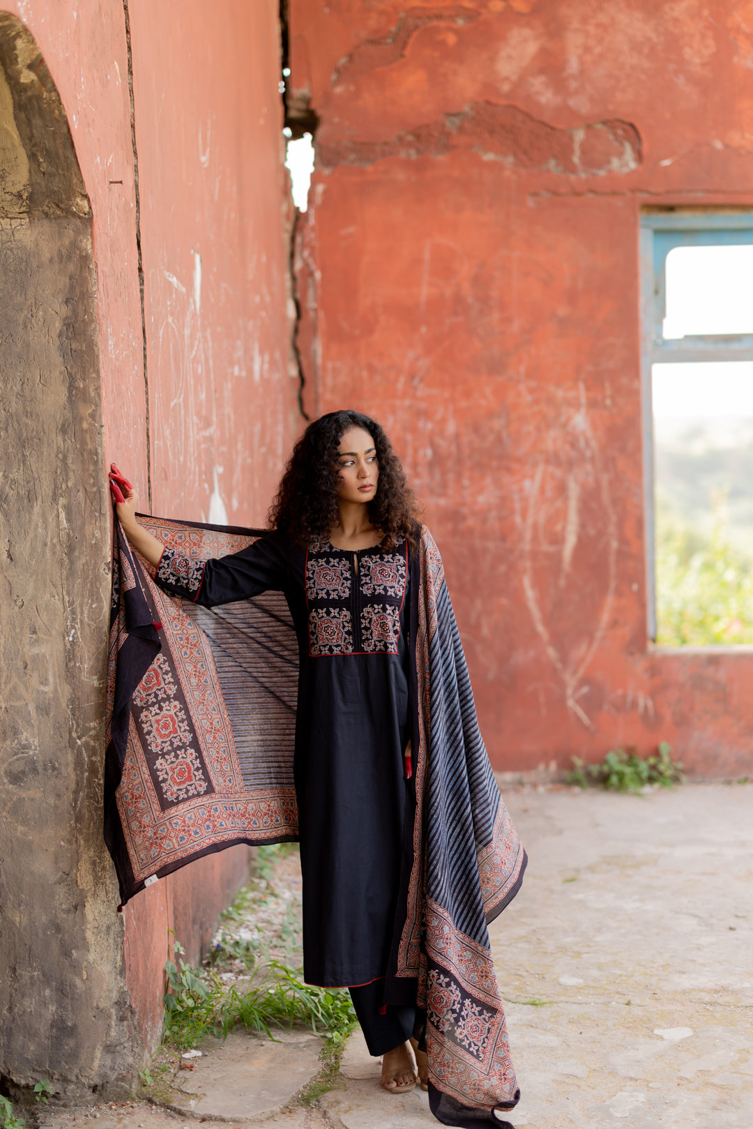 Ajrakh Black Hand Block Printed Mul Cotton Dupatta - Mehrab