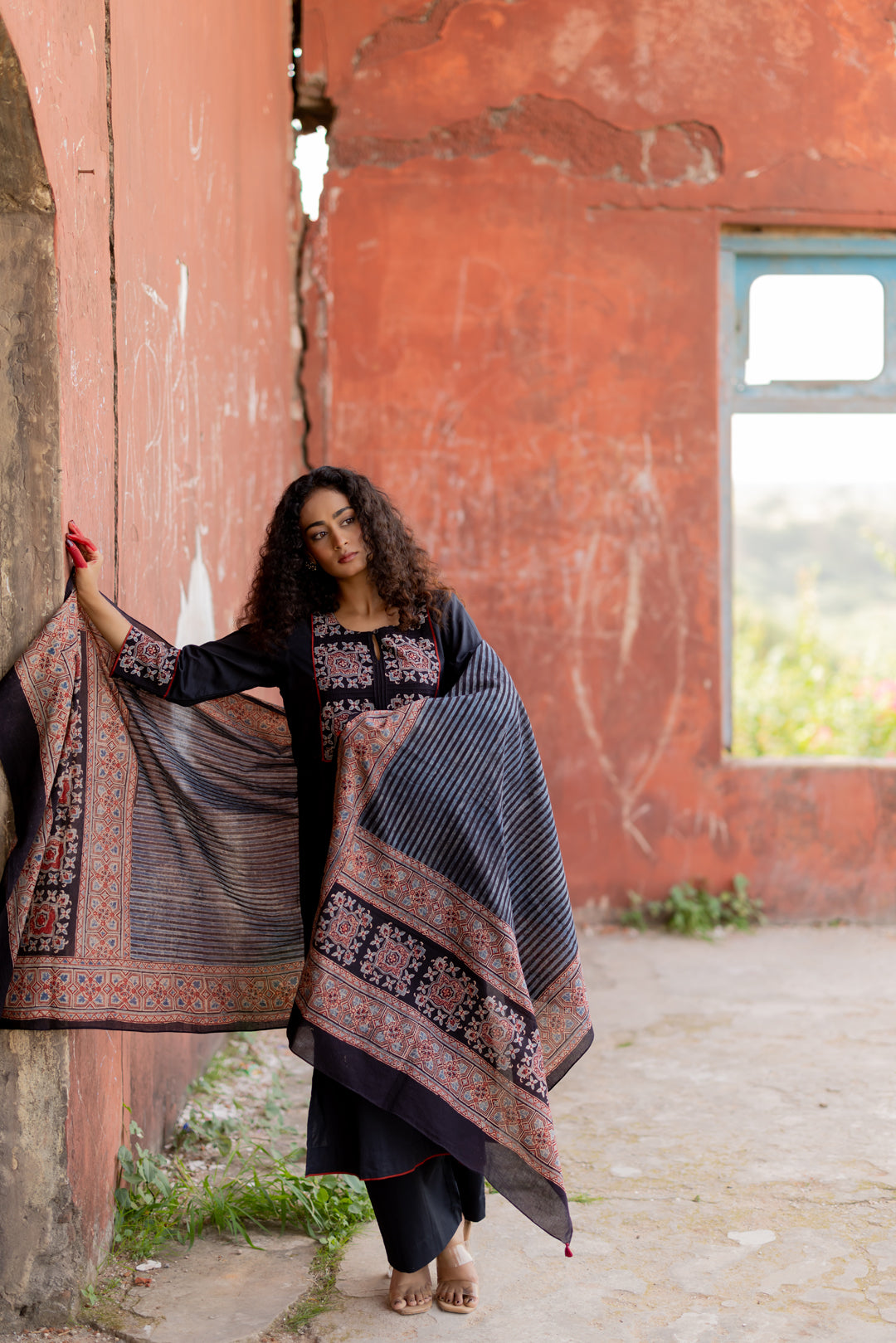 Ajrakh Black Hand Block Printed Mul Cotton Dupatta - Mehrab