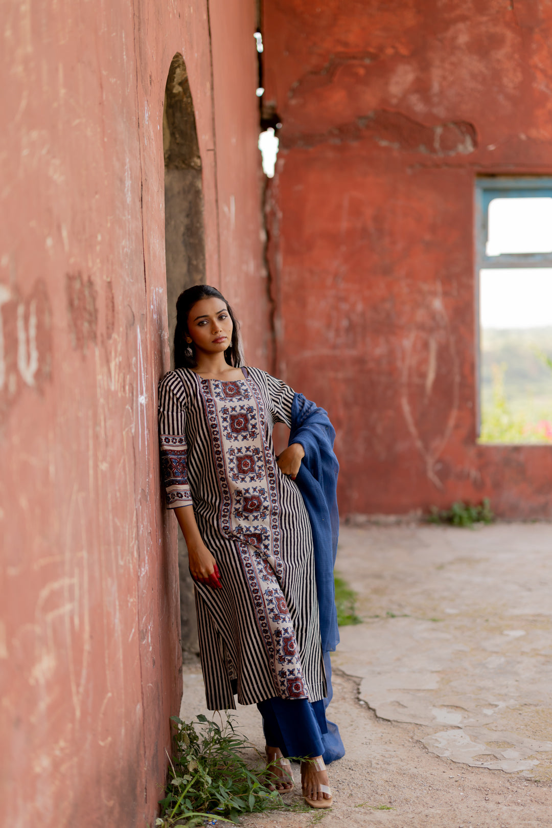 Women's Ajrakh Mul Cotton Kurta with Round Neck - Mehrab