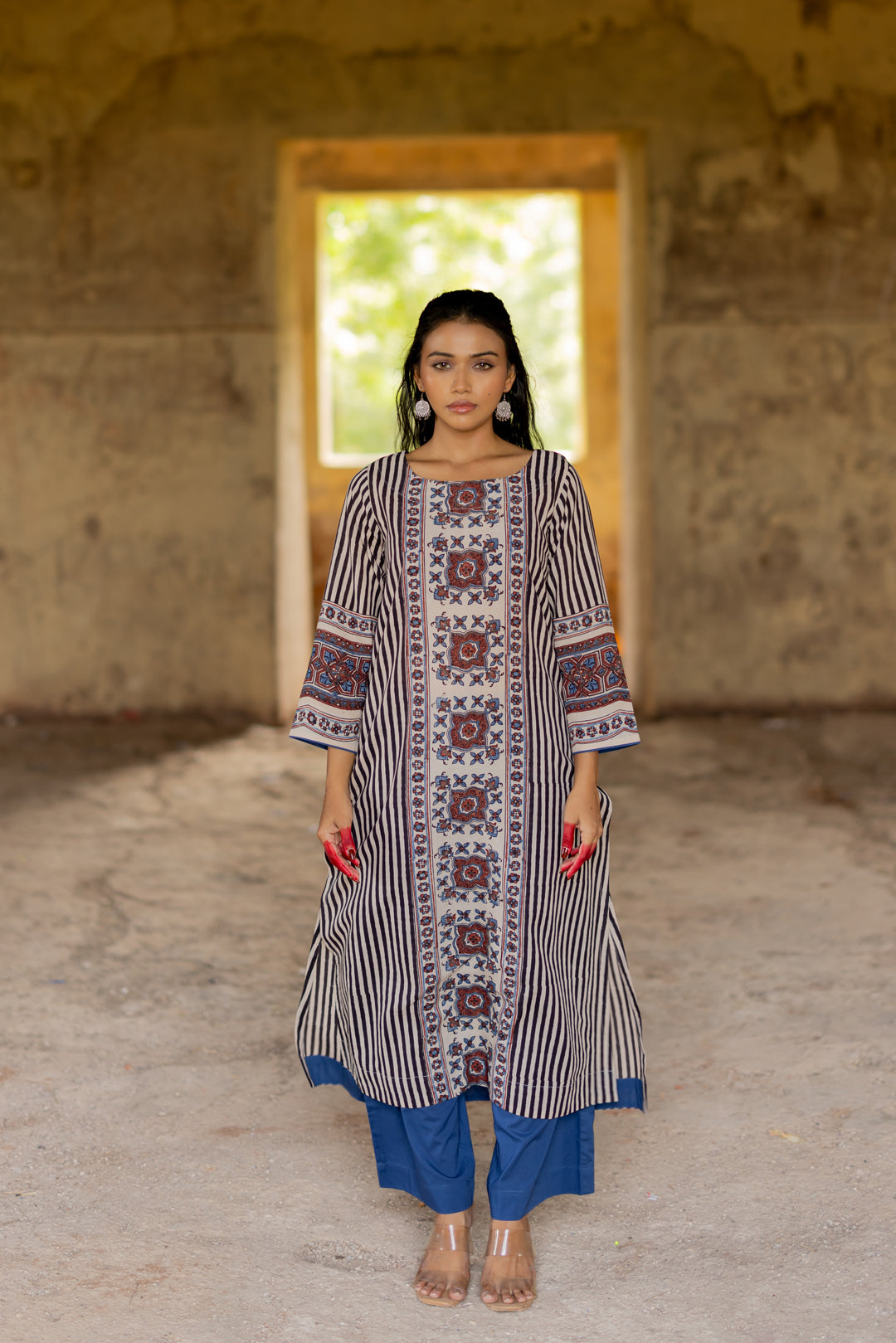 Women's Ajrakh Mul Cotton Kurta with Round Neck - Mehrab