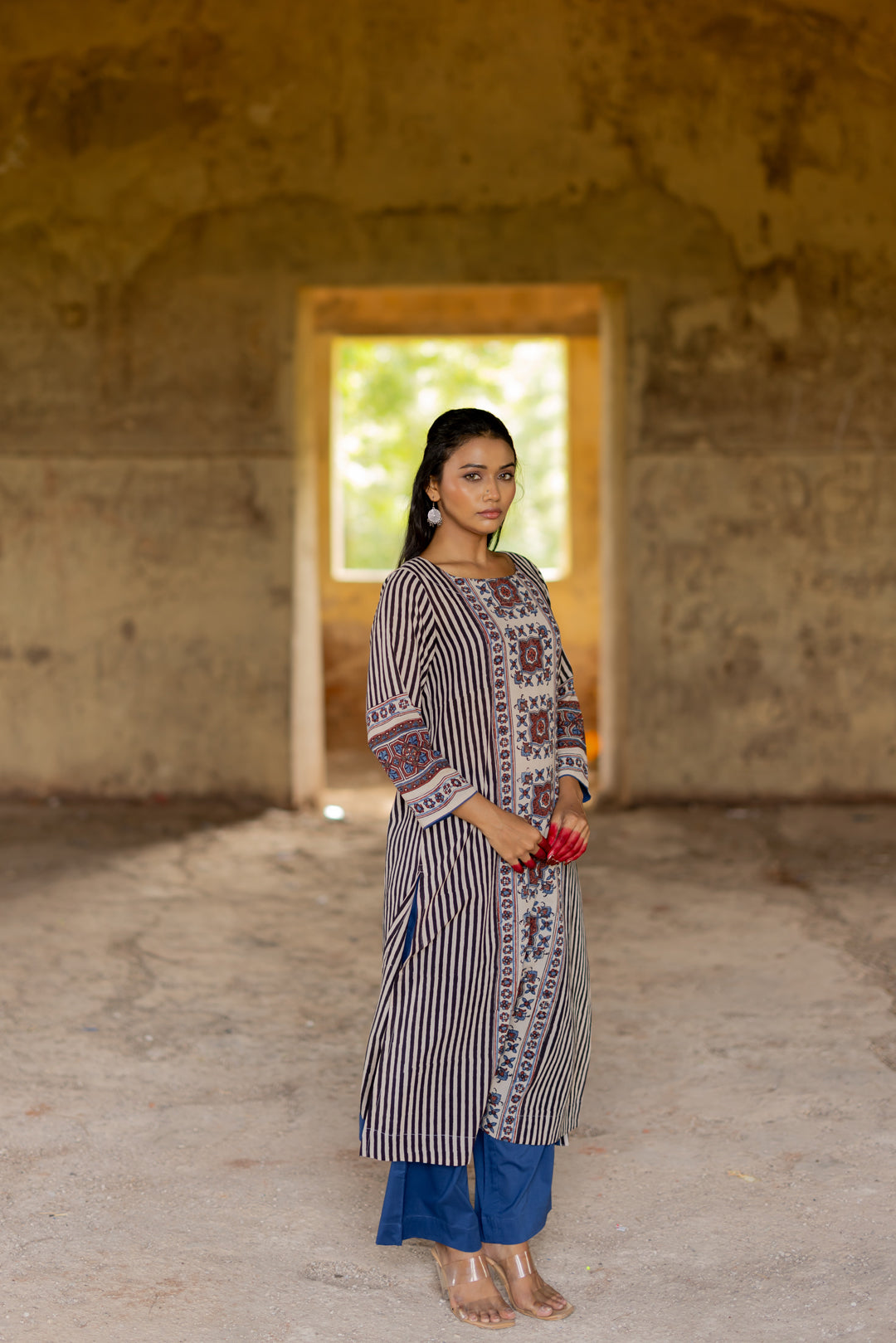 Women's Ajrakh Mul Cotton Kurta with Round Neck - Mehrab