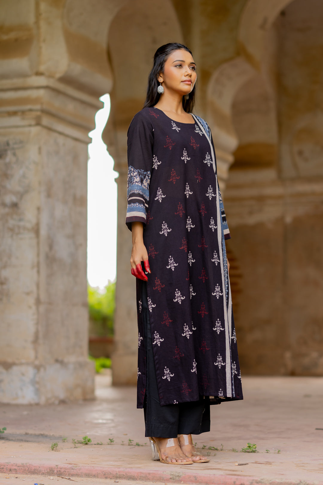 Ajrakh Printed Round Neck Kurta in Black - Mehrab