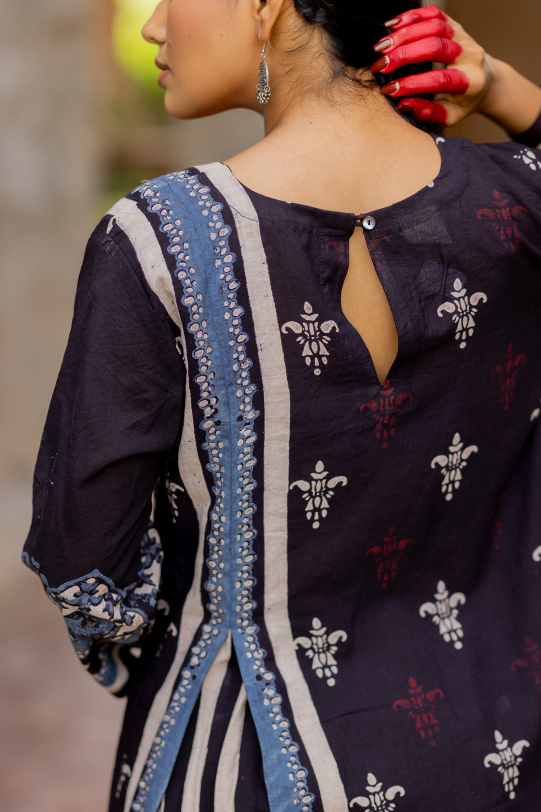 Ajrakh Printed Round Neck Kurta in Black - Mehrab