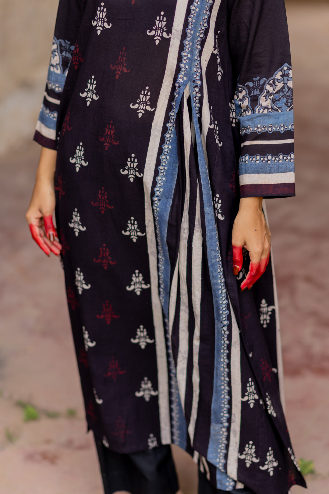Ajrakh Printed Round Neck Kurta in Black - Mehrab